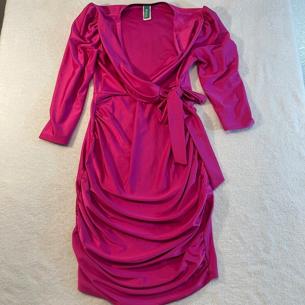 Ipona Collection Pink Ruched Wrap Bodycon Dress Puff Sleeve Fuchsia Large D7380